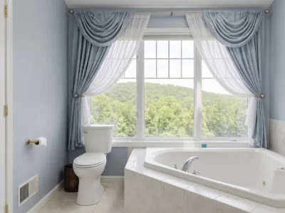 Bright bathroom with corner soaking tub, large window, and soft blue walls in Villanova, PA