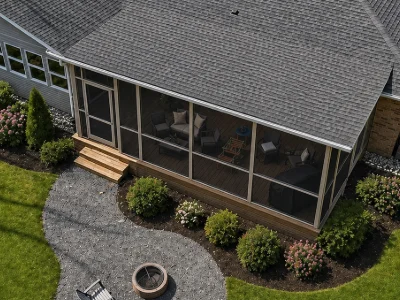 A deck with a screen enclosure in a residential home in Havertown, PA