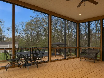 An enclosed cedar deck with outdoor furniture in Radnor, PA